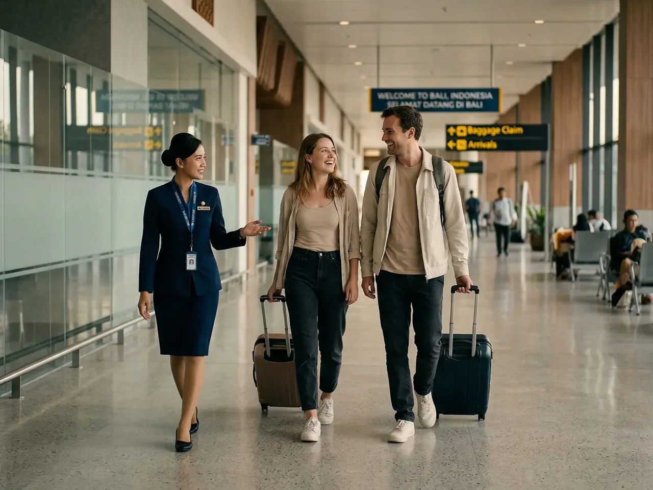 An airport assistance officer escorting arriving guests through the Bali arrivals hall at Ngurah Rai International Airport