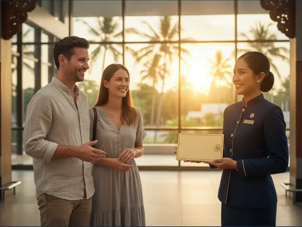 An officer handing a completed document folder to a couple in a single visit